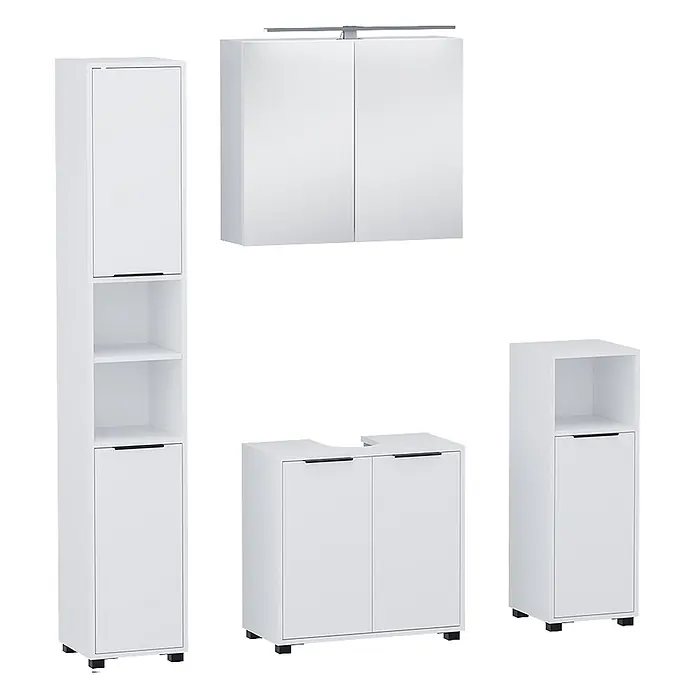 Vicco Badmöbel-Set Alina Weiß 4 Teile - Weiß, Sonstiges - Komplettes weißes Badmöbel-Set mit Hoch-, Spiegel-, Waschbecken- und Seitenschränken.