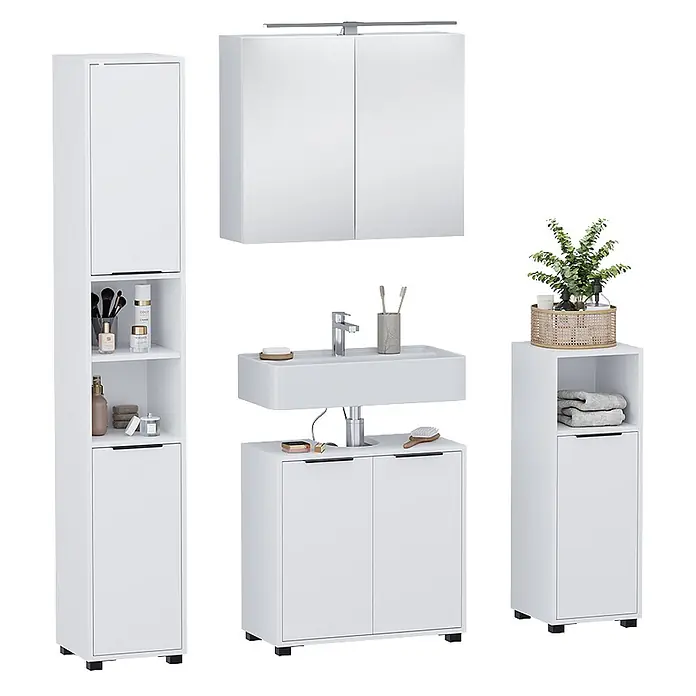 Vicco Badmöbel-Set Alina Weiß 4 Teile - Weiß, Sonstiges - Weißes Badezimmermöbel-Set mit Hochschrank, Spiegelschrank, Waschtischunterschrank und Beistellschrank.