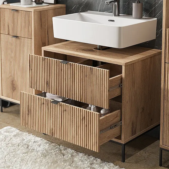 Vicco Badmöbel-Set Eliza Viking Oak 5 Teile - Viking Oak, Matt - Heller Holz-Badschrank mit gerillten Schubladen und weißem Waschbecken, praktisch für die Aufbewahrung im modernen Bad.