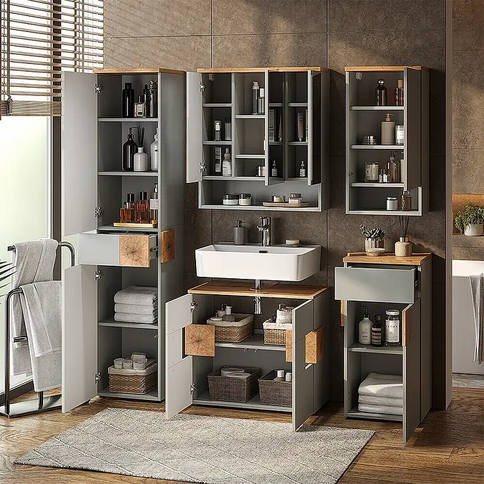 Vicco Badmöbel-Set Eden Grau 5 Teile - Grau, Matt - Modernes graues Badezimmermöbelset mit Holzdetails, inklusive Waschbecken, Wandschränken und Stauraum.