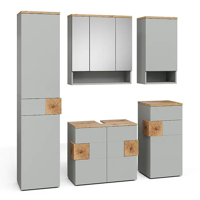 Vicco Badmöbel-Set Eden Grau 5 Teile - Grau, Matt - Modernes hellgraues Badezimmermöbelset mit Holzplatten und Akzenten aus Naturholzblöcken.