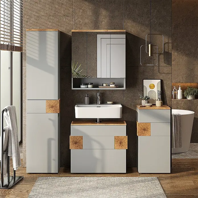 Vicco Badmöbel-Set Eden Grau 5 Teile - Grau, Matt - Modernes hellgraues Badmöbel-Set mit Naturholz-Akzenten, bestehend aus Waschtischunterschrank, Hochschrank und Beistellschrank.