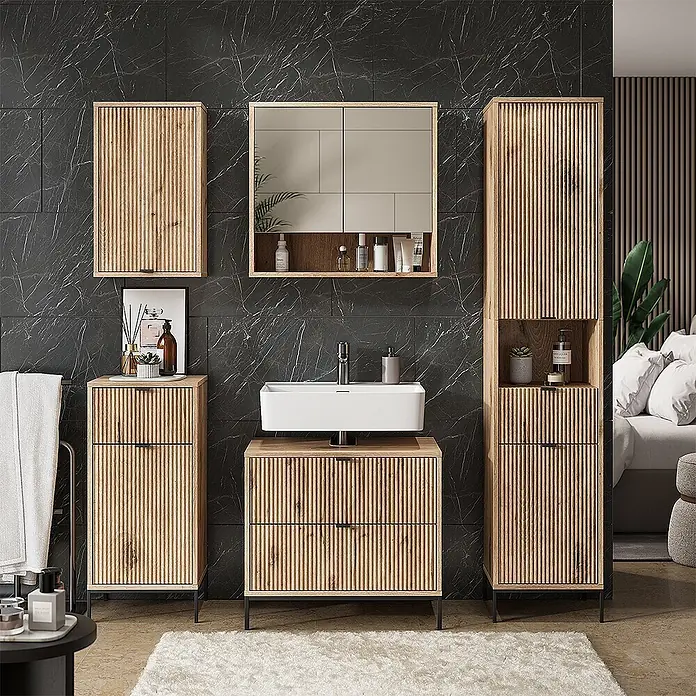 Vicco Badmöbel-Set Eliza Viking Oak 5 Teile - Viking Oak, Matt - Modernes Badmöbelset aus hellem Riffelholz: Waschtisch, Hochschrank, Wandschrank, Spiegelschrank auf schwarzen Beinen.