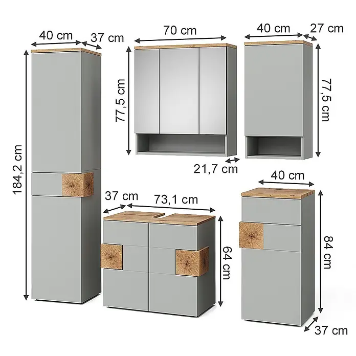 Vicco Badmöbel-Set Eden Grau 5 Teile - Grau, Matt - Graue Badmöbel-Set mit Holzapplikationen, darunter Hochschränke, Spiegelschränke und ein Waschtischunterschrank.