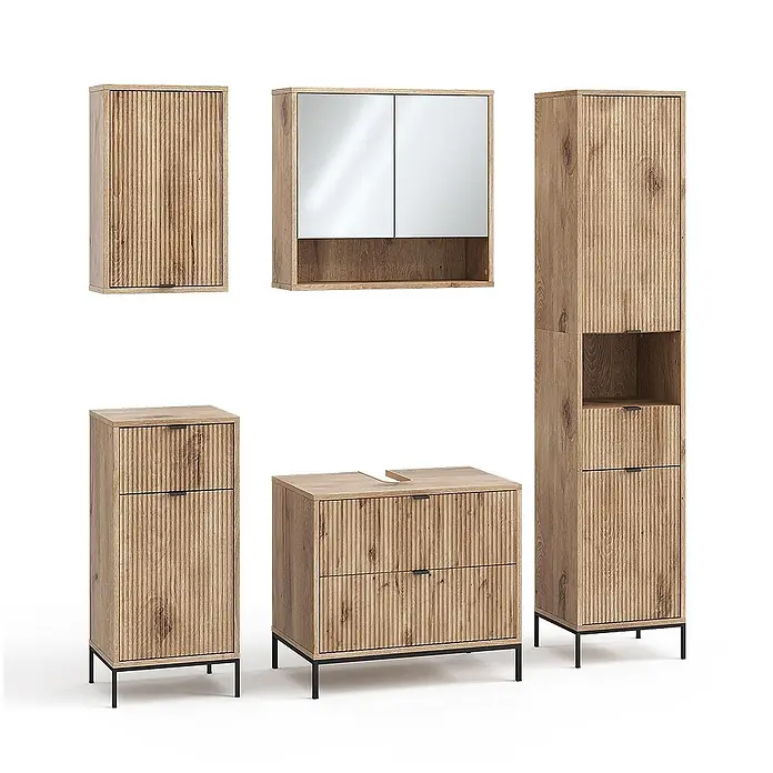 Vicco Badmöbel-Set Eliza Viking Oak 5 Teile - Viking Oak, Matt - Badmöbel-Set aus hellem geriffelten Holz: diverse Schränke, inklusive Spiegelschrank und Waschtischunterschrank.