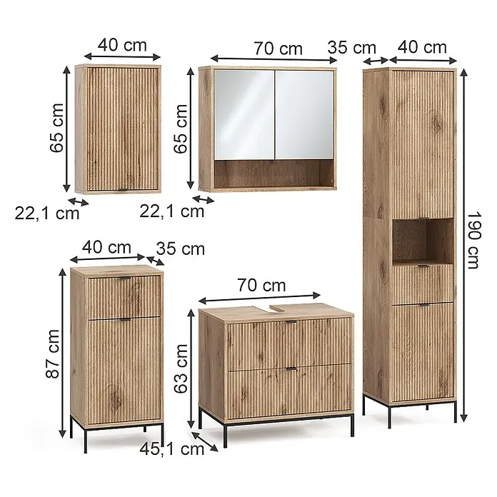Vicco Badmöbel-Set Eliza Viking Oak 5 Teile - Viking Oak, Matt - Helles Badmöbelset aus Holz mit geriffelten Fronten und schwarzen Beinen/Griffen.