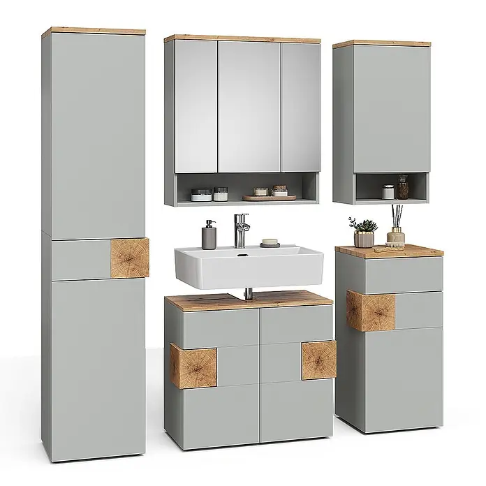 Vicco Badmöbel-Set Eden Grau 5 Teile - Grau, Matt - Modernes hellgraues Badezimmermöbelset mit Akzenten aus Naturholz, darunter Hochschränke, Spiegelschrank und Waschtisch.