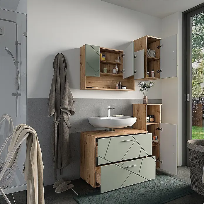 Vicco Badmöbel-Set Irma Salbeigrün 4 Teile - Salbeigrün, Glänzend - Modernes Badmöbelset aus hellem Holz, hellgrünen Fronten mit geometrischem Muster und integriertem Waschbecken.