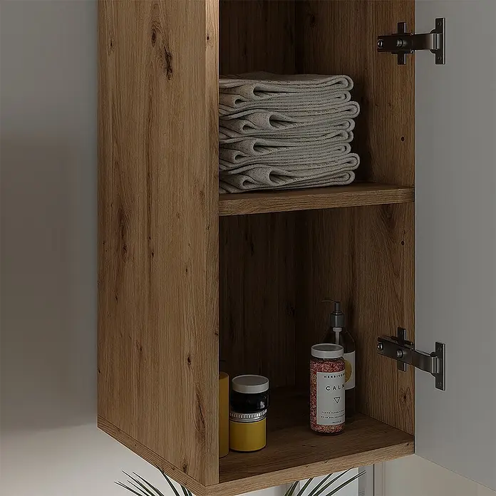 Vicco Badmöbel-Set Irma Salbeigrün 4 Teile - Salbeigrün, Glänzend - Rustikaler Eichen-Wandschrank mit zwei Regalböden, gefalteten Handtüchern und Toilettenartikeln. Tür offen.