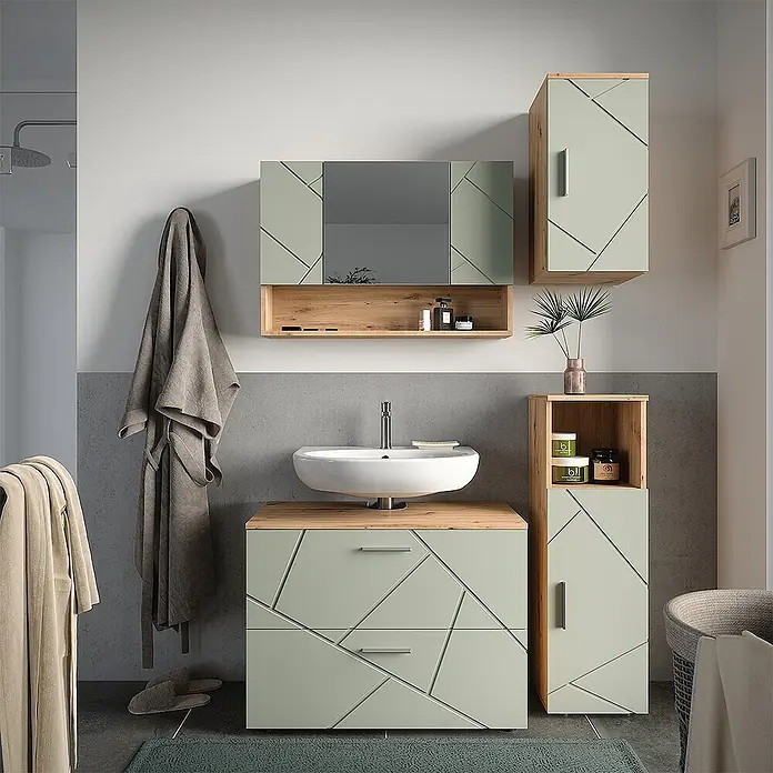 Vicco Badmöbel-Set Irma Salbeigrün 4 Teile - Salbeigrün, Glänzend - Salbeigrünes Badmöbel-Set mit geometrischem Muster und Holzdetails, inklusive Waschtisch, Spiegelschrank und Hochschrank.