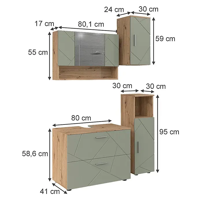 Vicco Badmöbel-Set Irma Salbeigrün 4 Teile - Salbeigrün, Glänzend - Ein komplettes Badmöbelset in Holzoptik und Salbeigrün, bestehend aus Spiegelschrank, Waschtischunterschrank und zwei Hochschränken, mit Maßen.