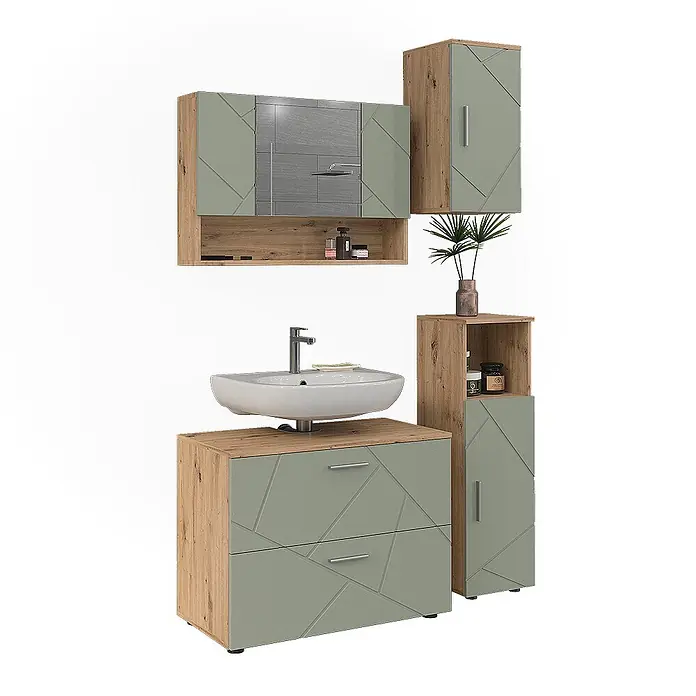 Vicco Badmöbel-Set Irma Salbeigrün 4 Teile - Salbeigrün, Glänzend - Badmöbelset in Salbeigrün und Holzoptik mit Waschbecken, Spiegelschrank und zwei Aufbewahrungsschränken mit geometrischen Mustern.
