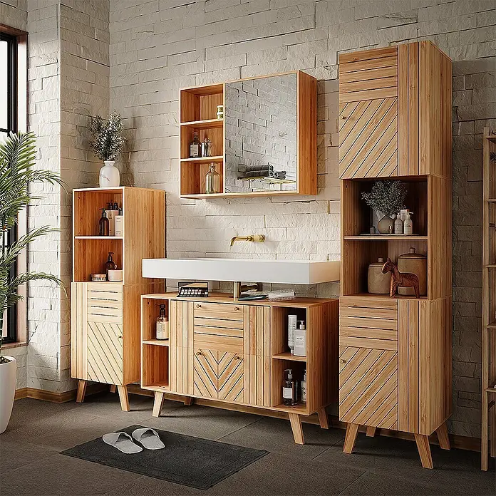 Vicco Badmöbel-Set Lucie Bambus 2 Teile - Bambus, Matt - Modernes Badmöbelset aus hellem Holz mit Lamellentüren und offenen Regalen, bestehend aus Waschtisch, Hochschrank und Beistellschrank.