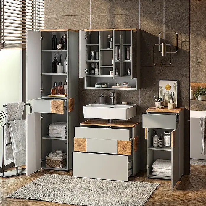Vicco Badmöbel-Set Eden Grau 4 Teile - Grau, Matt - Modernes Badmöbelset in Grau mit Holzdetails, bestehend aus Hochschränken, Waschtisch mit Waschbecken und kleinem Unterschrank.
