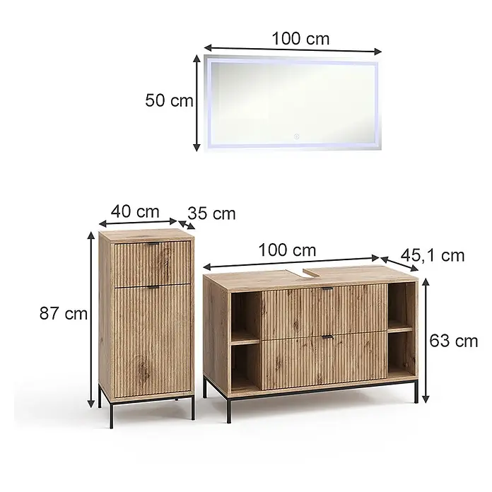 Vicco Badmöbel-Set Eliza Viking Oak 3 Teile - Viking Oak, Matt - Badezimmerset: Geriffelter Waschtischunterschrank, passender Hochschrank aus hellem Holzdekor, schwarze Beine und LED-Spiegel.
