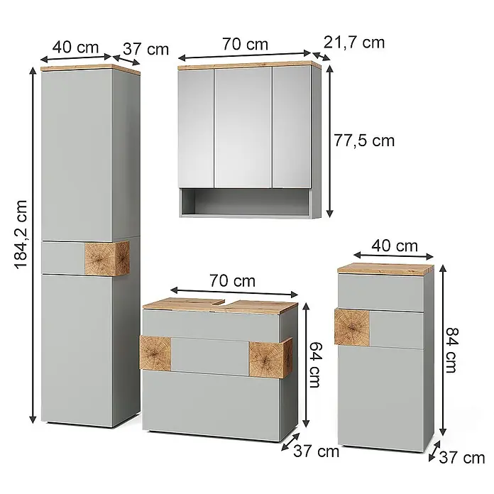 Vicco Badmöbel-Set Eden Grau 4 Teile - Grau, Matt - Helles graues Badezimmermöbel-Set mit Holzakzenten, bestehend aus Schränken und Schubladenelementen.