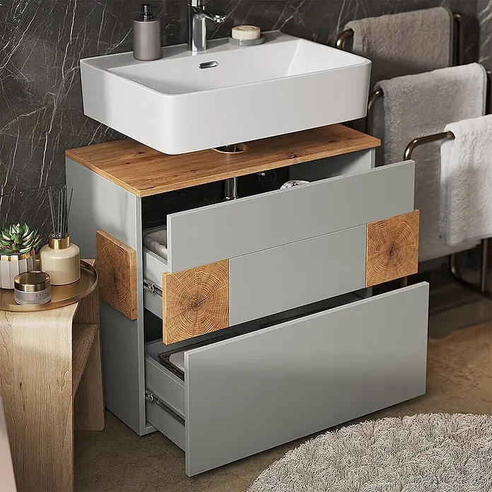 Vicco Badmöbel-Set Eden Grau 4 Teile - Grau, Matt - Hellgrauer Badunterschrank mit Holzdetails und weißem Waschbecken, Schubladen offen.