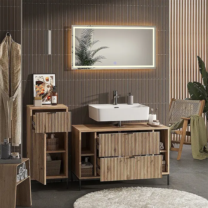 Vicco Badmöbel-Set Eliza Viking Oak 3 Teile - Viking Oak, Matt - Helles Holz-Badezimmermöbel mit weißem Waschbecken, passendem Hochschrank und beleuchtetem Spiegel.