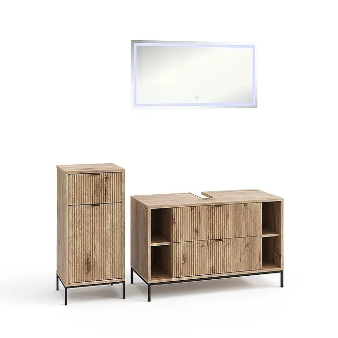 Vicco Badmöbel-Set Eliza Viking Oak 3 Teile - Viking Oak, Matt - Helles Badmöbel-Set aus Holz mit gerillter Oberfläche, schwarzen Metallbeinen und rechteckigem LED-Spiegel.