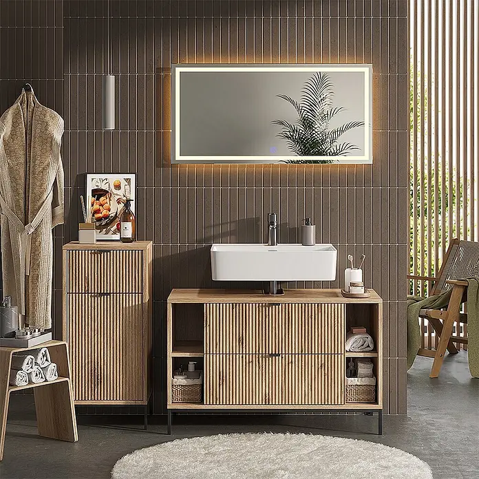 Vicco Badmöbel-Set Eliza Viking Oak 3 Teile - Viking Oak, Matt - Modernes Badmöbelset aus Lamellenholz mit Waschbecken, Hochschrank und Hocker in stilvollem Badezimmer.