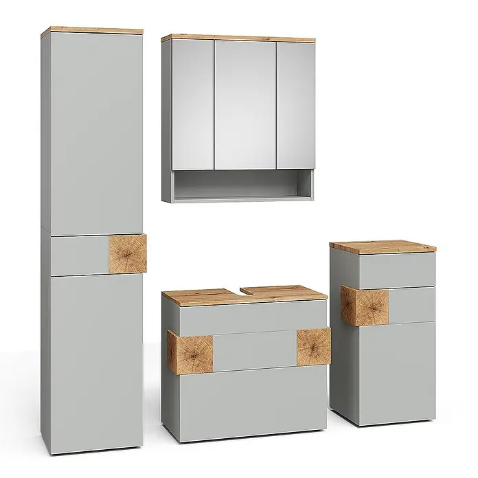 Vicco Badmöbel-Set Eden Grau 4 Teile - Grau, Matt - Hellgraues Badezimmermöbelset mit Holzplatten und Holzblock-Akzenten, bestehend aus Hoch-, Spiegelschrank und zwei Unterschränken.