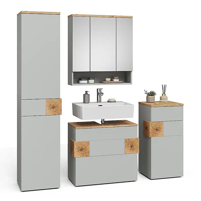 Vicco Badmöbel-Set Eden Grau 4 Teile - Grau, Matt - Modernes hellgraues Badmöbel-Set mit Naturholz-Akzenten, bestehend aus Hochschrank, Waschtischunterschrank, Spiegelschrank und Beistellschrank.