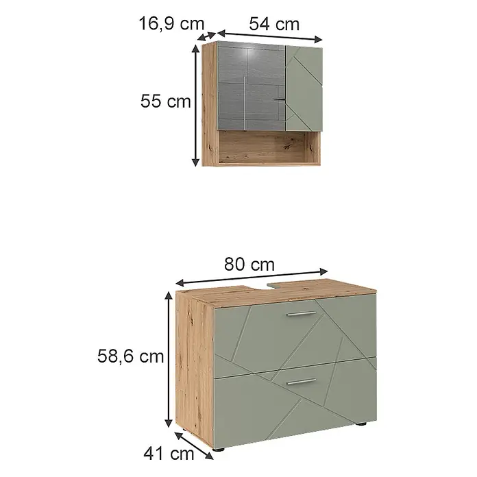 Vicco Badmöbel-Set Irma Salbeigrün 2 Teile - Salbeigrün, Glänzend - Zwei modulare Möbel: holzgemaserter Wandschrank mit grau-grünen geometrischen Türen und offenem Fach, und passender Waschtischunterschrank mit Schubladen.