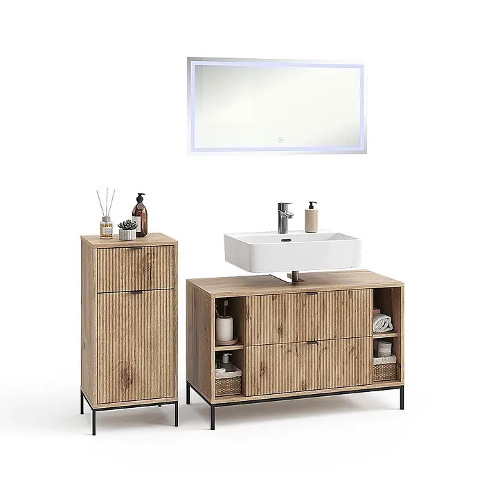 Vicco Badmöbel-Set Eliza Viking Oak 3 Teile - Viking Oak, Matt - Badezimmermöbel-Set aus hellem Holz mit Waschbecken, passendem Hochschrank und LED-Spiegel.