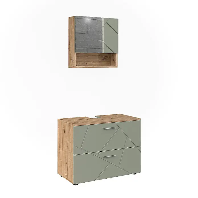 Vicco Badmöbel-Set Irma Salbeigrün 2 Teile - Salbeigrün, Glänzend - Badezimmermöbel-Set aus hellem Holz und Salbeigrün mit geometrischen Fronten, bestehend aus Wandschrank und Waschtischunterschrank mit Sinkausschnitt.