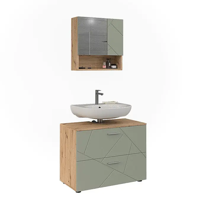 Vicco Badmöbel-Set Irma Salbeigrün 2 Teile - Salbeigrün, Glänzend - Badmöbelset in Salbeigrün und Holzoptik mit Keramikwaschbecken und passendem Spiegelschrank mit geometrischem Muster.