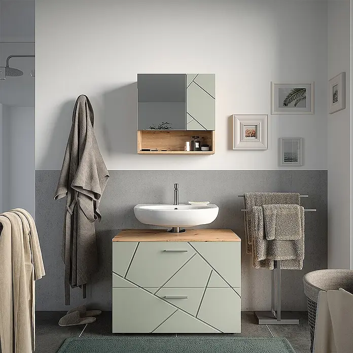 Vicco Badmöbel-Set Irma Salbeigrün 2 Teile - Salbeigrün, Glänzend - Moderne salbeigrüne Badmöbel mit geometrischem Muster, heller Holzplatte, weißem Waschbecken und passendem Spiegelschrank im Bad.