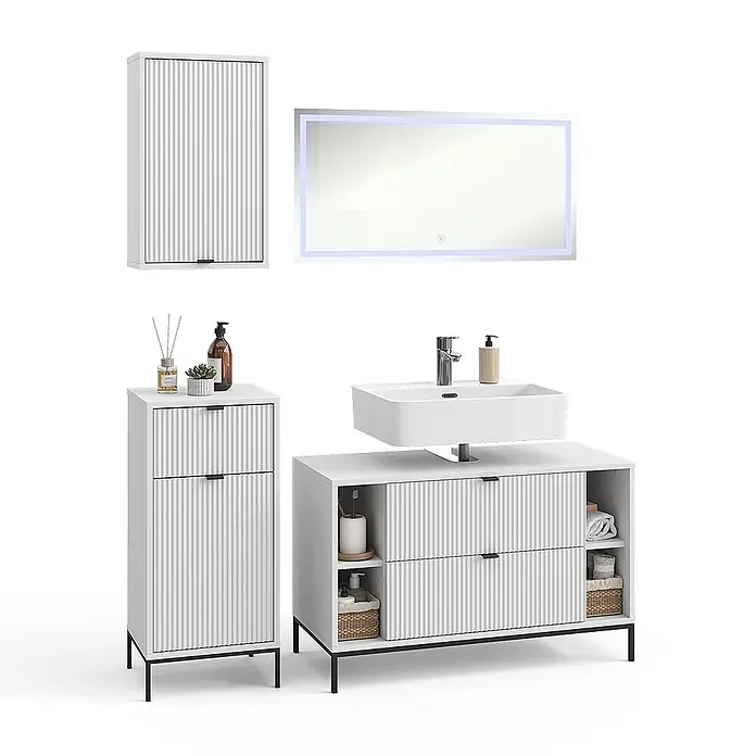 Vicco Badmöbel-Set Eliza Weiß 4 Teile - Weiß, Matt - Weißes Badmöbelset mit gerippter Textur, schwarzen Akzenten: Wandschrank, Hochschrank, Waschtisch mit Becken und beleuchteter Spiegel.