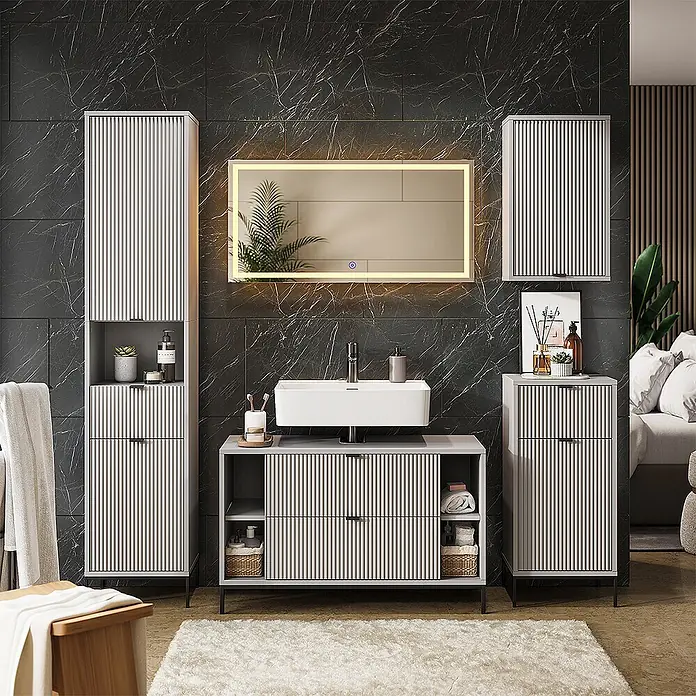 Vicco Badmöbel-Set Eliza Grau 5 Teile - Grau, Matt - Modernes hellgraues Badmöbel-Set mit geriffelten Türen, bestehend aus Waschtischunterschrank, Hochschrank und Wandschrank.