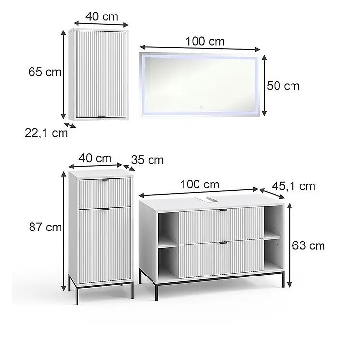 Vicco Badmöbel-Set Eliza Weiß 4 Teile - Weiß, Matt - Weißes geripptes Badmöbel-Set: Wandschrank, beleuchteter Spiegel, Hochschrank und Waschtischunterschrank.