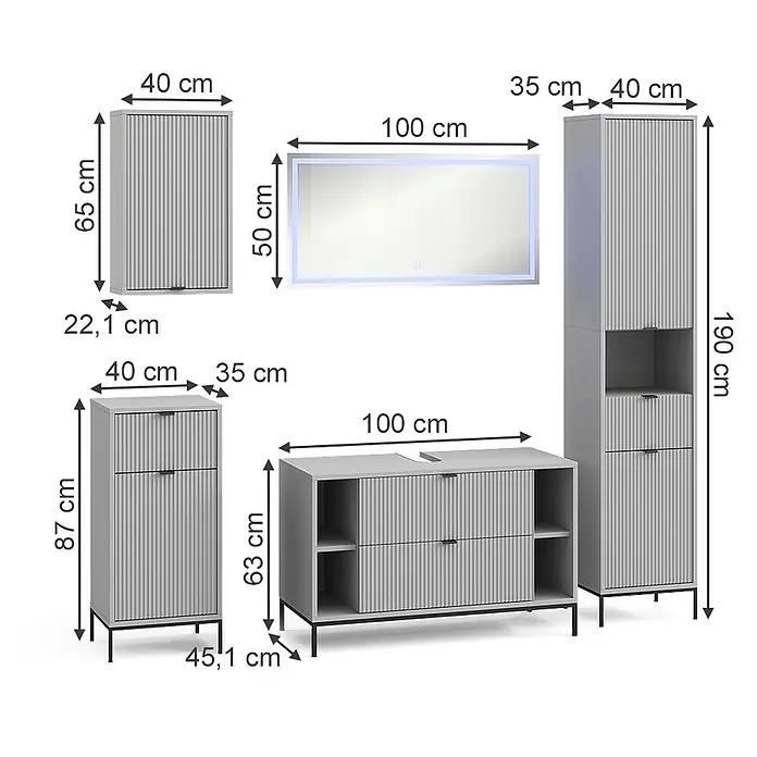 Vicco Badmöbel-Set Eliza Grau 5 Teile - Grau, Matt - Hellgraues Lamellen-Badezimmermöbel-Set: Hängeschrank, Hochschrank, Waschtisch, Beistellschrank und beleuchteter Spiegel.