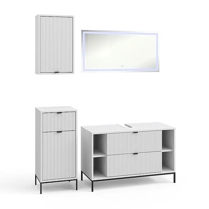 Vicco Badmöbel-Set Eliza Weiß 4 Teile - Weiß, Matt - Weißes Badmöbel-Set mit gerippten Fronten, schwarzen Akzenten und beleuchtetem Spiegel.