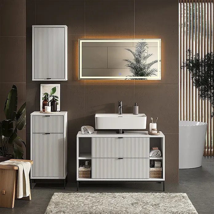 Vicco Badmöbel-Set Eliza Weiß 4 Teile - Weiß, Matt - Modernes weißes Badmöbelset mit Rillenfront, Waschbecken und Schränken.