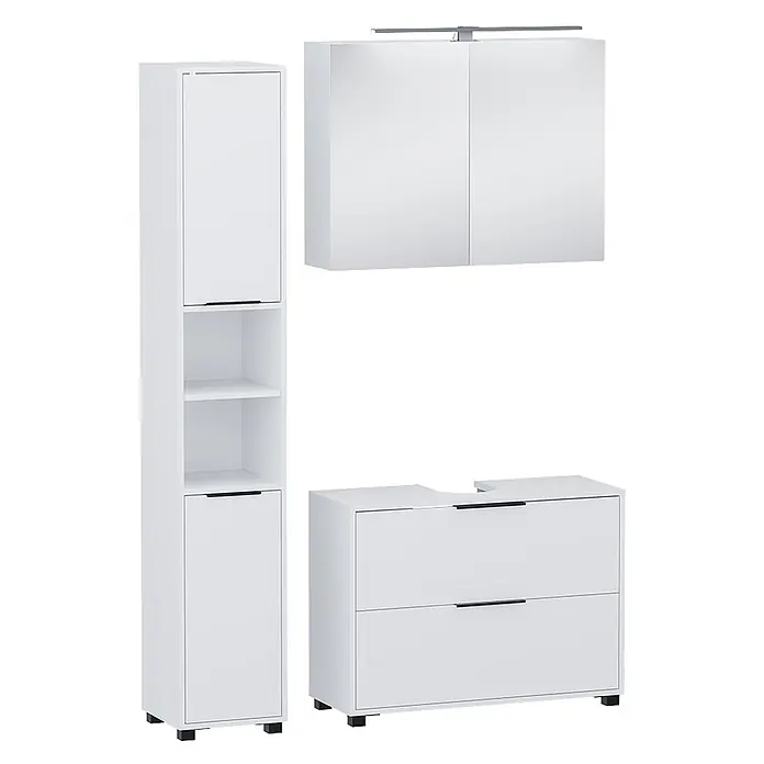 Vicco Badmöbel-Set Alina Weiß 3 Teile - Weiß, Sonstiges - Weißes Badezimmermöbel-Set: Hochschrank, Spiegelschrank mit Beleuchtung und Waschtischunterschrank mit Schubladen.