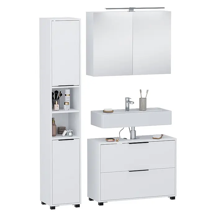 Vicco Badmöbel-Set Alina Weiß 3 Teile - Weiß, Sonstiges - Weißes, modernes Badezimmermöbel-Set mit Hochschrank, Spiegelschrank, Waschbecken und Waschtisch.