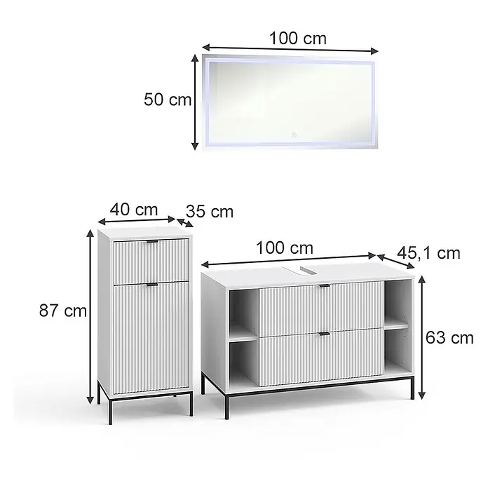 Vicco Badmöbel-Set Eliza Weiß 3 Teile - Weiß, Matt - Weißer Badspiegel mit LED, Hochschrank und Waschtischunterschrank mit Schubladen, schwarze Beine. Maße sind angegeben.