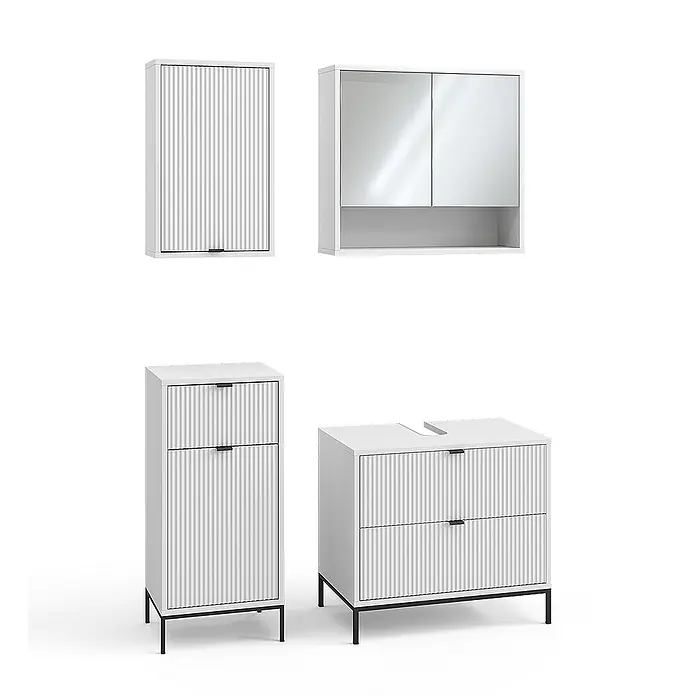 Vicco Badmöbel-Set Eliza Weiß 4 Teile - Weiß, Matt - Modernes weißes geriffeltes Badmöbel-Set mit schwarzen Details, bestehend aus Hänge- und Spiegelschränken sowie Unterschränken.