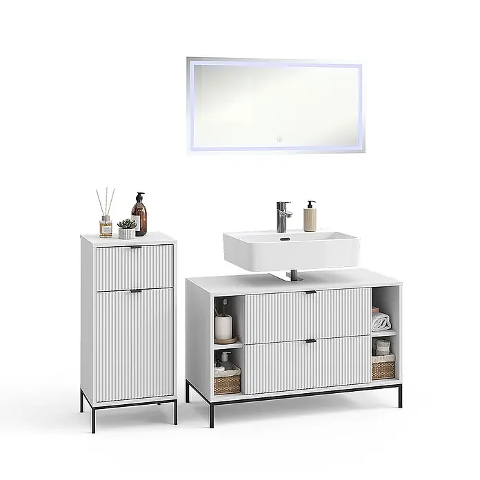 Vicco Badmöbel-Set Eliza Weiß 3 Teile - Weiß, Matt - Weißes Badmöbel-Set mit Rillenfronten, schwarzen Akzenten, Waschbecken, Hochschrank und beleuchtetem Spiegel. Modernes Design für Badaufbewahrung.
