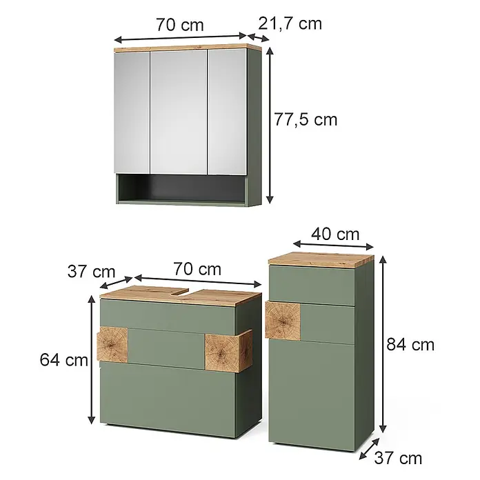 Vicco Badmöbel-Set Eden Grün 3 Teile - Grün, Matt - Set grüner Badmöbel: Spiegelschrank, Waschtischunterschrank und Hochschrank, alle mit Holzplatten und Akzenten.