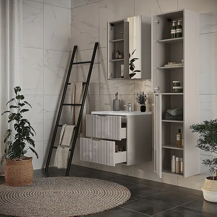 Vicco Badmöbel-Set Ruford Cashmere 4 Teile - Cashmere, Matt - Modernes hellgraues Badmöbel-Set mit Waschtisch, Spiegelschrank und Hochschrank.