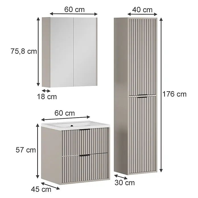 Vicco Badmöbel-Set Ruford Cashmere 4 Teile - Cashmere, Matt - Hellbeiges Badmöbelset mit Hängeschrank, Waschtischunterschrank mit Waschbecken und hohem Lamellenschrank.