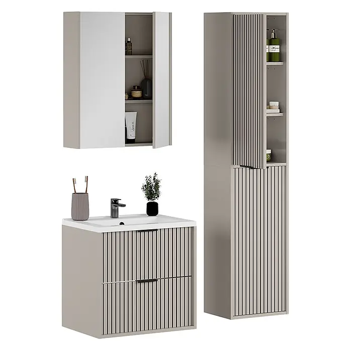 Vicco Badmöbel-Set Ruford Cashmere 4 Teile - Cashmere, Matt - Modernes beiges Badezimmermöbel-Set mit weißem Waschbecken. Es beinhaltet Waschtisch und Hochschrank mit Lamellenfronten, sowie einen Wandschrank.