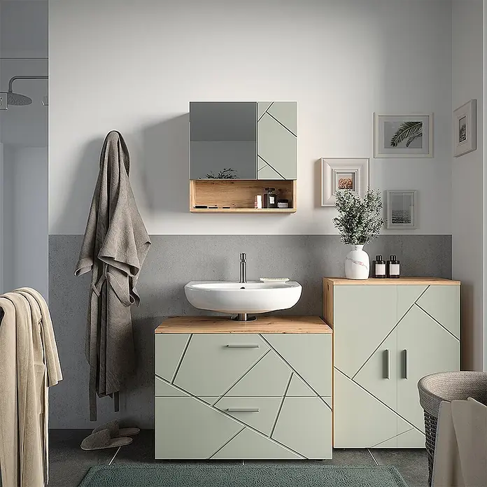 Vicco Badmöbel-Set Irma Salbeigrün 3 Teile - Salbeigrün, Glänzend - Moderne hellgrüne Badmöbel mit geometrischem Muster, Holzelementen, Waschbecken, Spiegelschrank und Hochschrank.