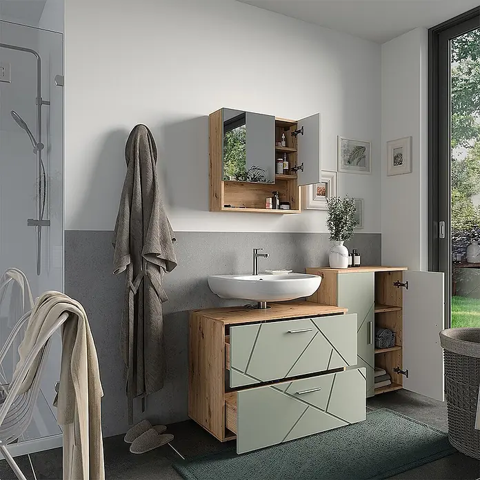 Vicco Badmöbel-Set Irma Salbeigrün 3 Teile - Salbeigrün, Glänzend - Modernes Badmöbel-Set mit Holzoptik-Schränken und hellgrünen Fronten mit geometrischen Mustern, bestehend aus Waschtischunterschrank, Seitenschrank und Spiegelschrank.