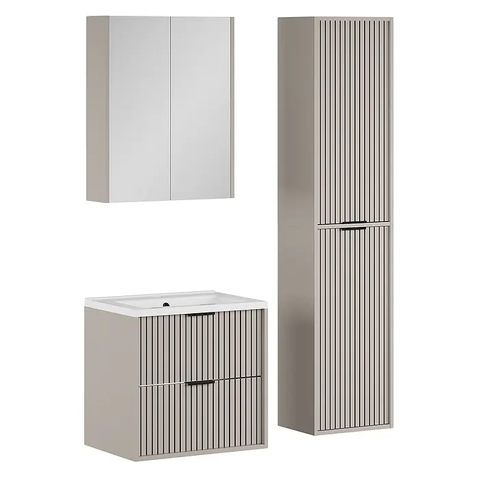 Vicco Badmöbel-Set Ruford Cashmere 4 Teile - Cashmere, Matt - Beiges Badmöbelset: Wandschrank, Waschtisch mit Waschbecken und hoher Schrank, alle mit Lamellenfronten, außer dem weißen Wandschrank.