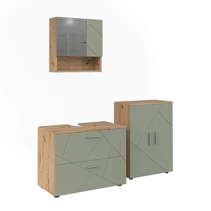 Vicco Badmöbel-Set Irma Salbeigrün 3 Teile - Salbeigrün, Glänzend - Dreiteiliges Badmöbel-Set: Holzoptik- und salbeigrüne Schränke mit geometrischen Mustern. Beinhaltet Wandschrank, Waschtischunterschrank und Hochschrank.